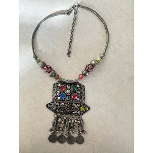 Afghani Kuchi tribal silver tone multicolor rhinestones coins charms necklace